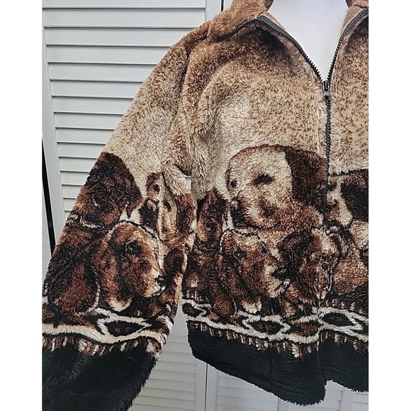 Vtg 90's Mazmania Puppies zip up fleece jacket XL Very Warm Brown Black Dogs EUC - Picture 2 of 10